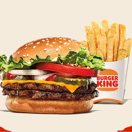 Selecione seu sanduíche favorito: Chicken Duplo, Cheeseburger Duplo, Rodeio Duplo, Big King ou Whopper Duplo Jr. Complemente com 1 batata frita ou 1 bebida.