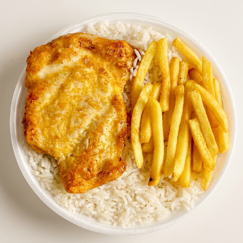 Marmita P, com bife de frango a Milanesa, acompanhado arroz branco soltinho e batata Frita crocante.