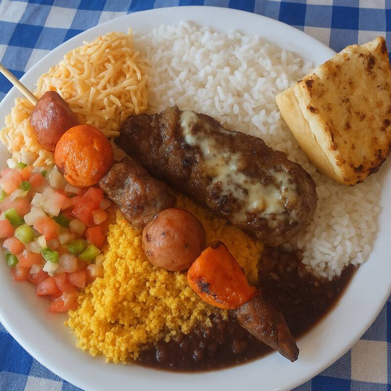 Arroz soltinho, feijão fresco e bem temperado, o melhor molho a campanha que você ja comeu, farofa bem torradinha estilo nordestino , Salpicão bem molhadinho com batatinha palha crocante... Dois espetos de churrasco a sua escolha e um pãozinho de alho , pq churrasco sem pão de alho não tem graça ...