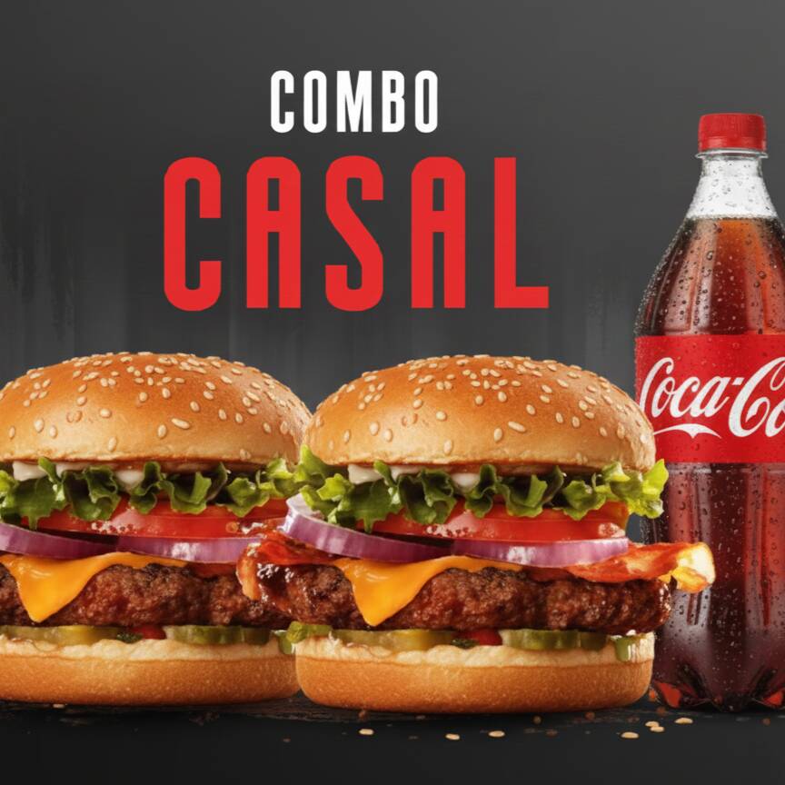 2 Burguer - Pão, com 2 carnes, 2 mussarelas, salada, batata palha barbecue e molhos tradicionais