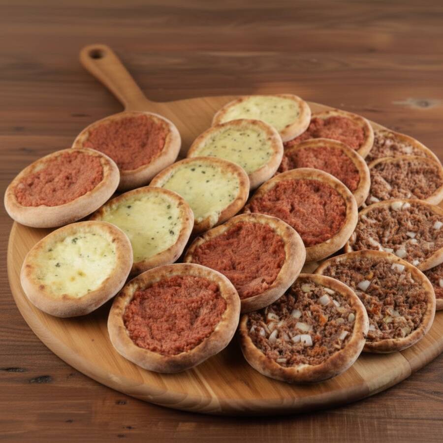 Combos de 20 esfihas: 5 carne, + 5 Queijo, + 5 Calabresa, + 5 frango com requeijão cremoso.