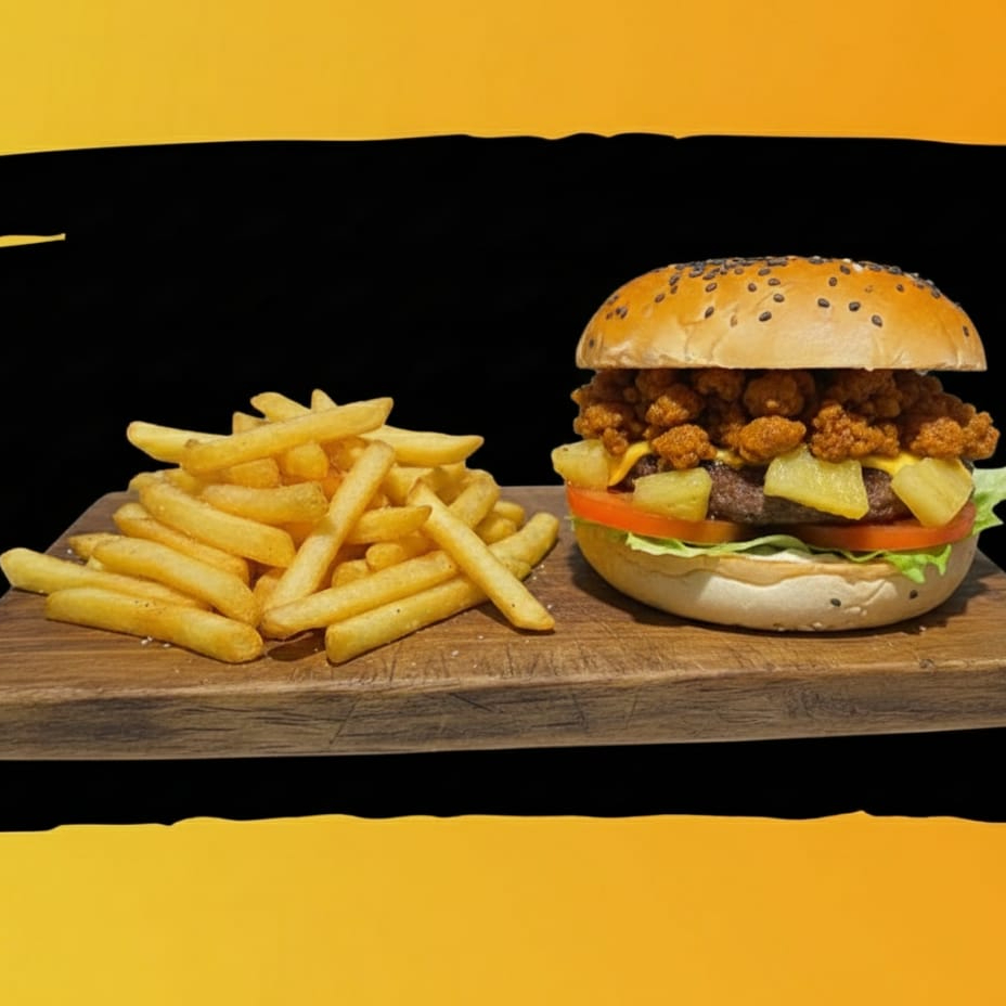 Burger Bacon Piña Chorizo con papas