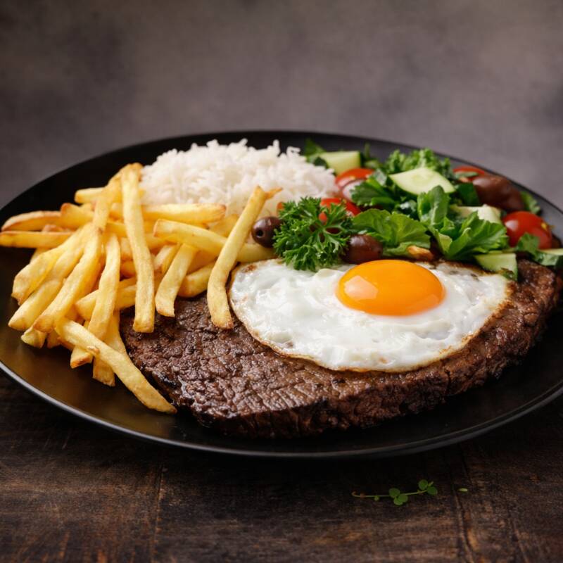 Bife suculento a cavalo, acompanhado de arroz fresquinho, feijão temperado, macarrão, legumes selecionados, batata frita crocante, farofa da casa e uma salada fresquinha do Dia para completar. Sabor e qualidade em cada mordida!