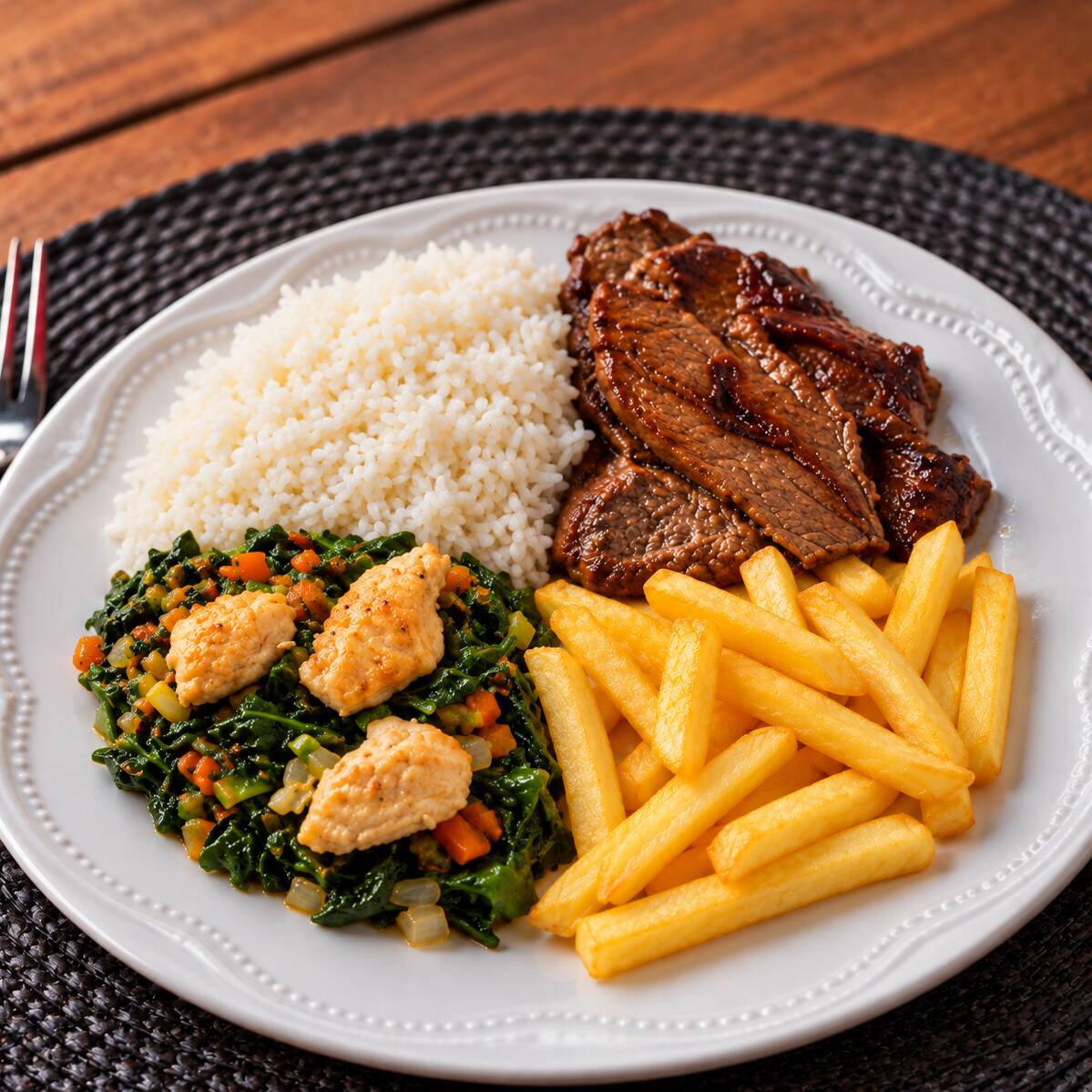Cupim acompanhado de arroz branco, feijão tropeiro, batata frita e salada do dia. Uma refeição completa, saborosa e bem servida.