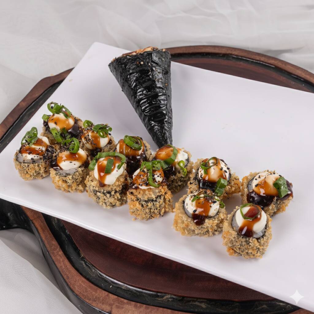 Temaki hot empanado acompanhado de 10 hot rolls crocantes, sabor marcante e bem servido.