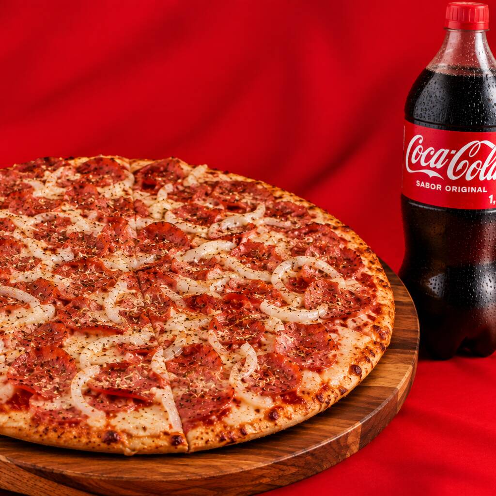 Aproveite nossa Promoção Grande com Refrigerante! Uma exuberante Pizza Grande 40cm, feita com ingredientes frescos e selecionados. Prepare-se para um festival de sabores que irá encantar seu paladar. Além disso, acompanha um refrescante Refrigerante de 1,5l para completar sua experiência gastronômica. Perfeito para compartilhar com amigos ou família. Não perca esta deliciosa oportunidade!
