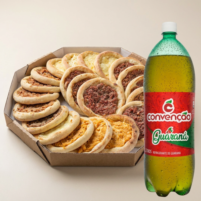 10 queijo, 10 carne, 5 calabresa, 5 frango e 1 refrigerante convenção guaraná