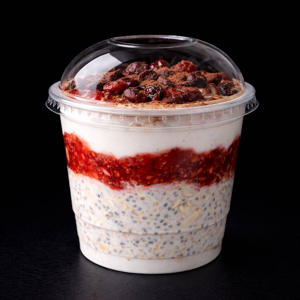 Aveia e chia hidratada no iogurte artesanal, com geleia de morango sem açúcar, cranberry e leve toque de cacau 100%.