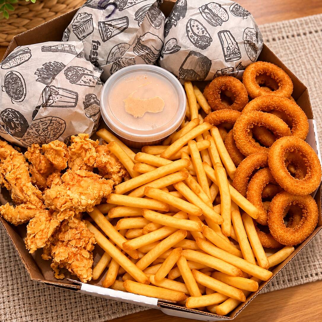 Serve de 4 a 6 pessoas
👉🏻 3 Chicken Burg a sua escolha!
* Batata frita
* Tirinhas de frango empanado
* Aneis De Cebola
* Potão de Molho Gigante
Combo fechado - não retiramos nem substituímos itens.