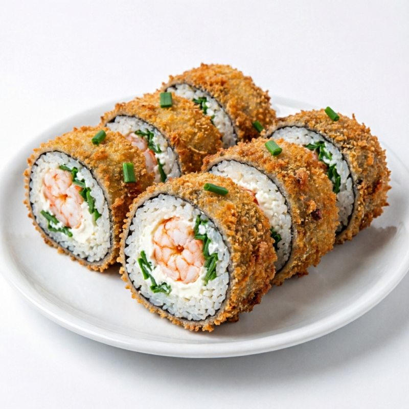 Hot crocante com recheio de camarão, arroz japonês, creme cheese e cebolinha