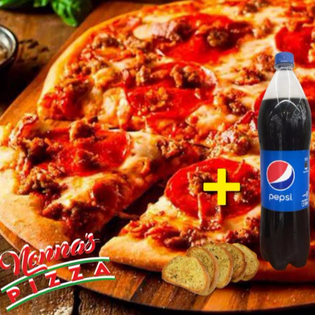 1 Pizza Grande Carnívora, Pan al Ajo y Gaseosa 1 L