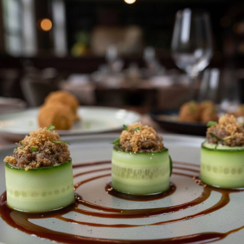 Pepino, Shimeji Batidinho com Cebola Crispy, Tarê, Cebolinha e Gergelim.