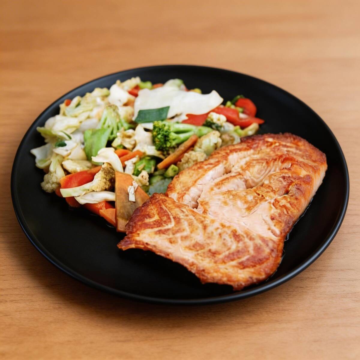 Salmão na chapa com legumes na manteiga e goham