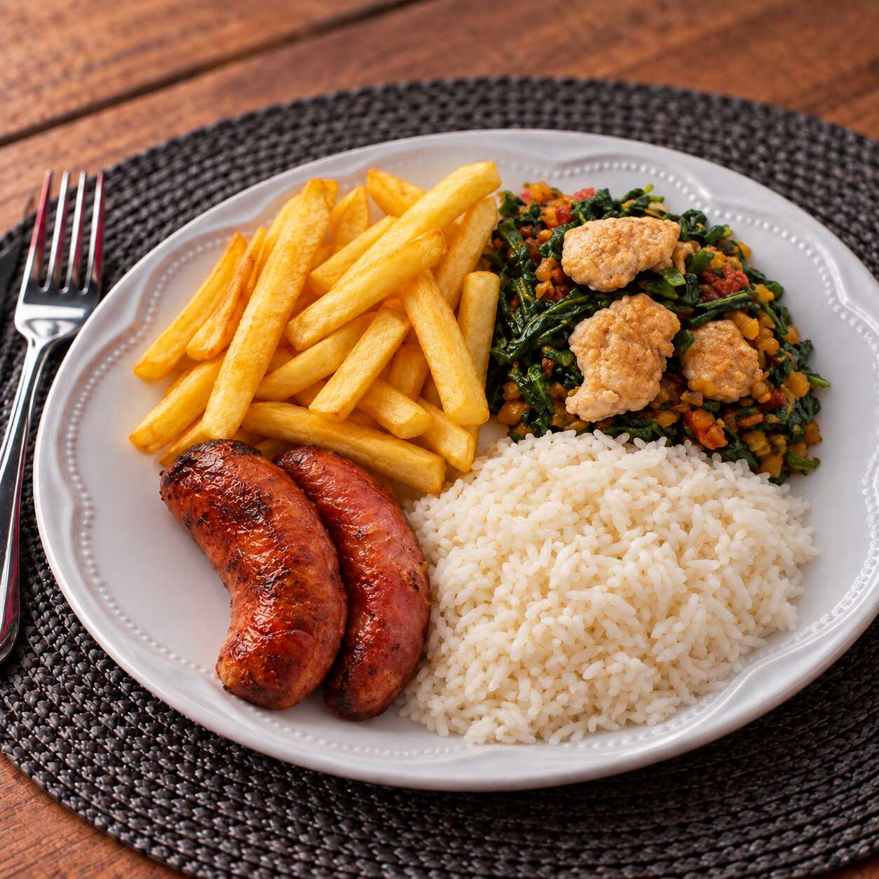 Linguiça acompanhada de arroz branco, feijão tropeiro e salada do dia. Uma refeição tradicional, saborosa e bem servida.