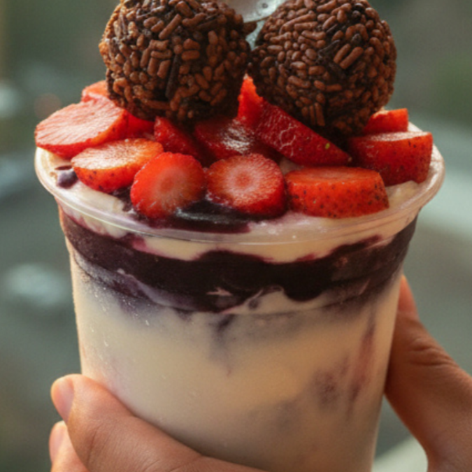 Açaí, creme de ninho, leite em pó, leite condensado e brigadeiro