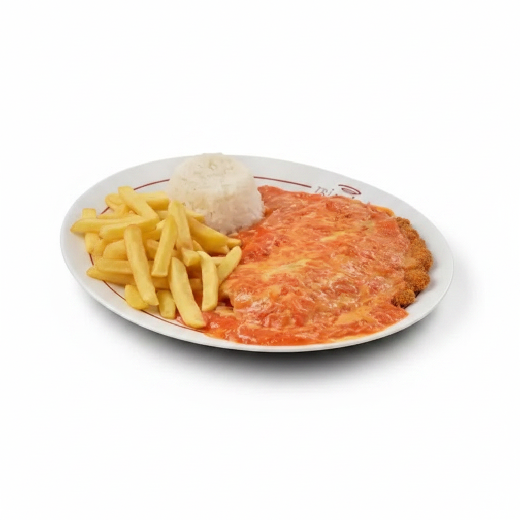 Delicioso filet à parmegiana (apróx. 110gr in natura) com molho artesanal de tomates italianos, gratinado com parmesão. Acompanha arroz e guarnição de sua preferência.