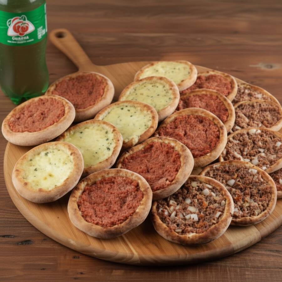 5 Esfihas de Carne, 5 esfihas de Calabresa, 5 Esfihas de Queijo + 1 Guaraná ou Coca 1 L