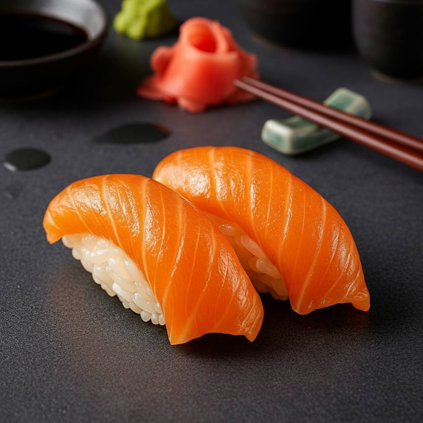 Bolinho de arroz japonês temperado, coberto por uma generosa fatia de peixe.