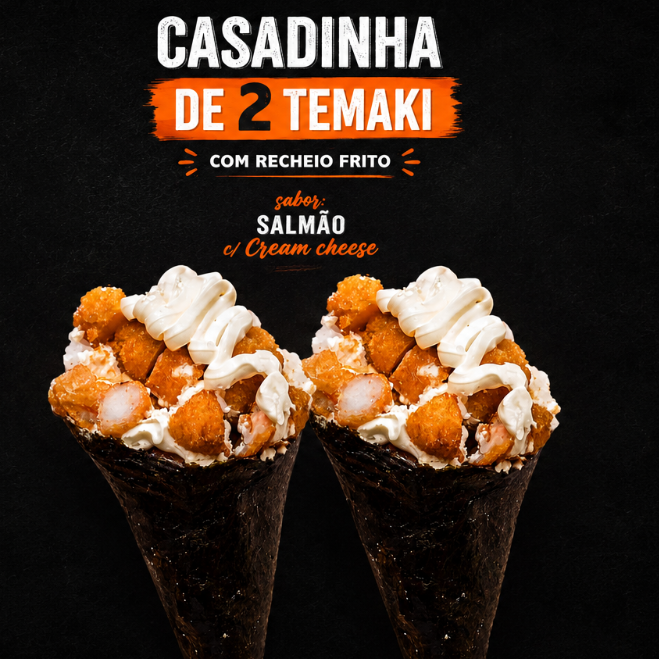 Aproveite essa oferta! 2 Temakis cone Tradicional com recheio frito de salmão e Cream cheese,