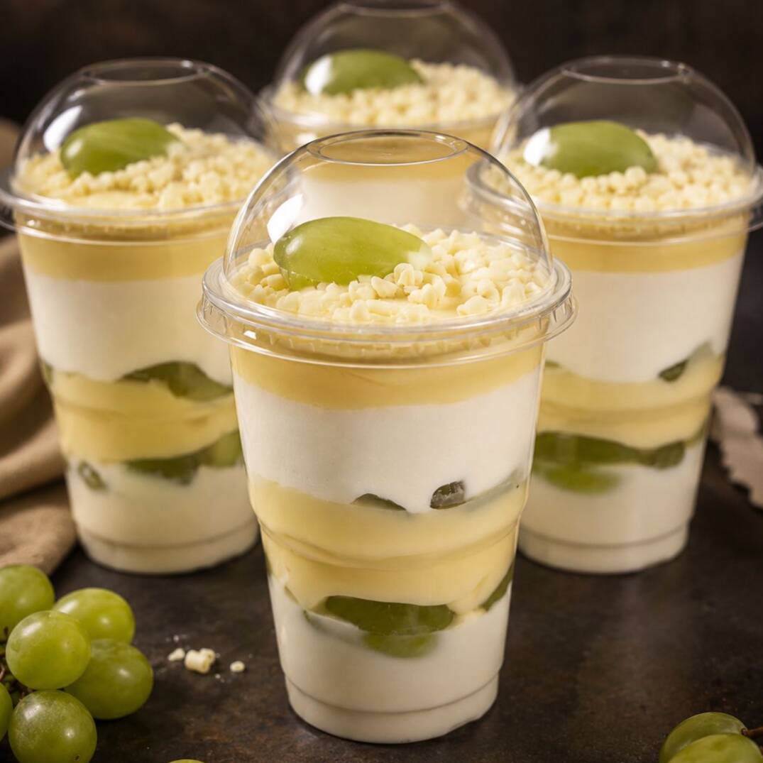 MUSSE DE CHOCOLATE BRANCO,UVAS,BRIGADEIRO DE NINHO,FINALIZADO COM GRANULÉ E UVA
COPO 250 ML
