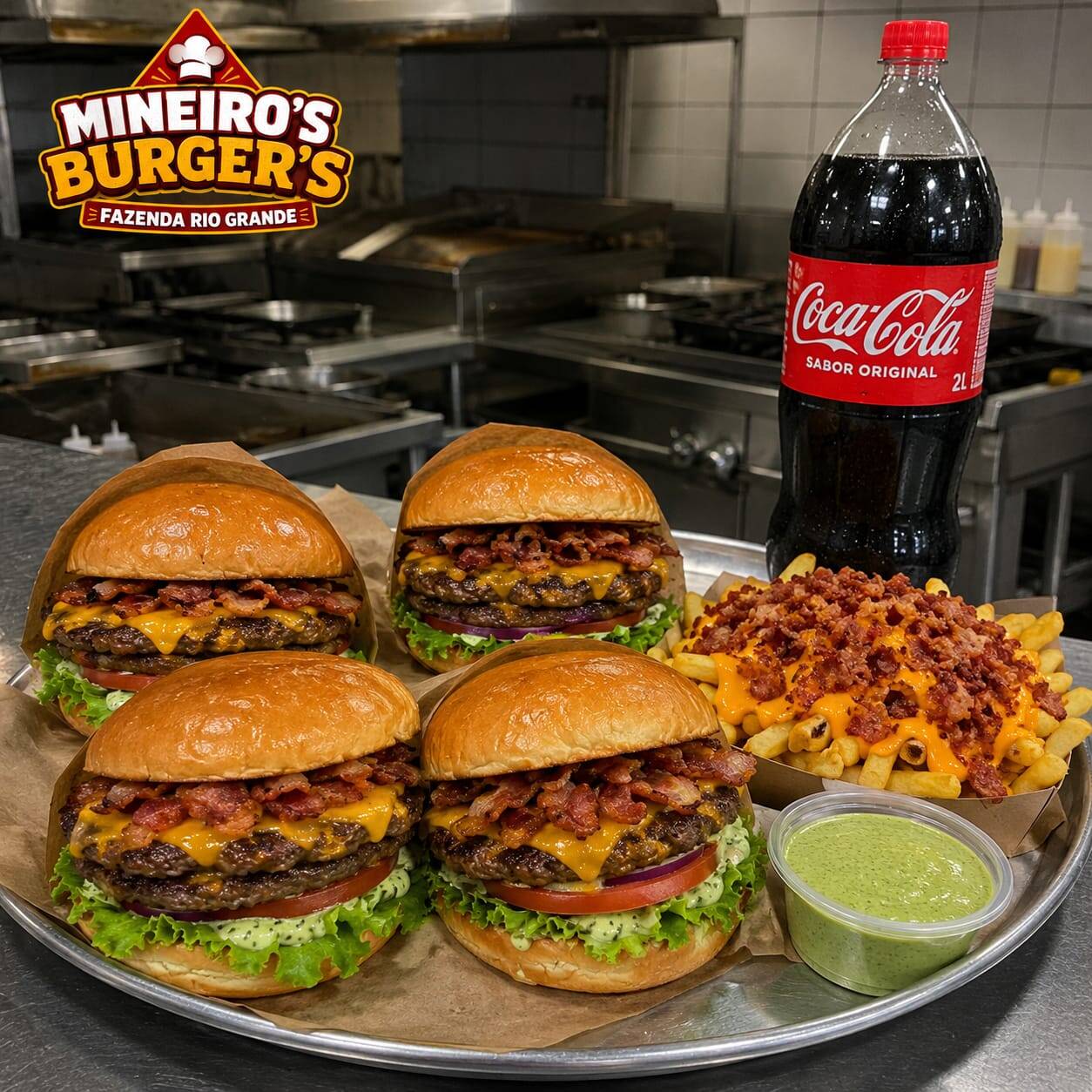 São 4 X-bacon suculentos, porção de batata frita com cheddar e bacon, e uma coca 2lts geladinha!!!