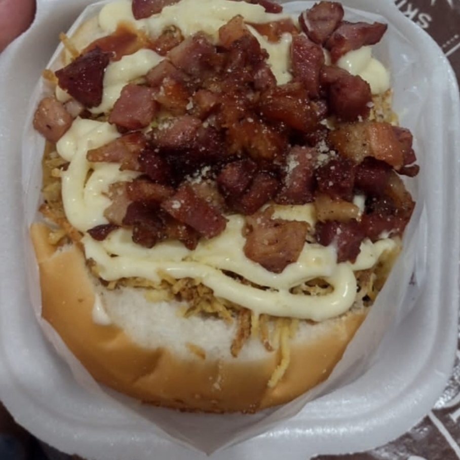 Pão, carne, ovo, mussarela, presunto, bacon, batata palha, molhos e queijo ralado