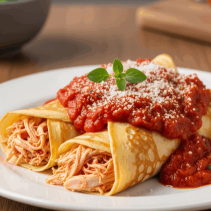 Panqueca recheada com frango desfiado e temperado na medida certa, servida com arroz soltinho e a clássica salada de maionese cremosa. Um prato simples, cheio de sabor e aquele toque de comida feita com carinho.