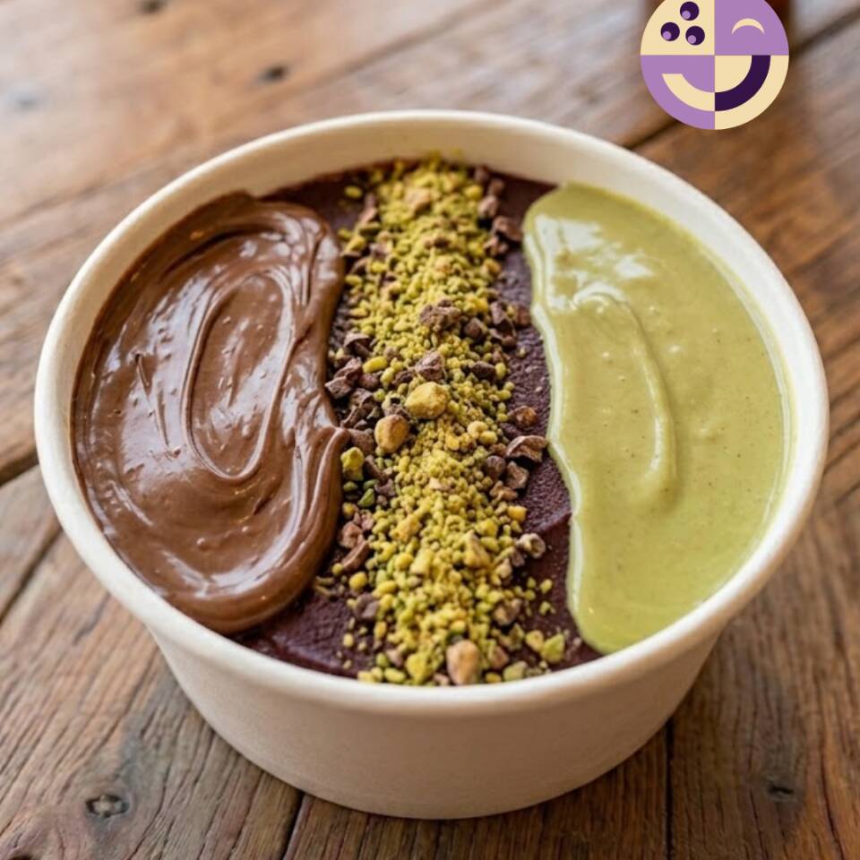 Bowl 550ml Tamanho Grande Açaí com pistache premium, creme de avelã e farofa de pistache. Perfeito para compartilhar. Serve 2 Pessoas