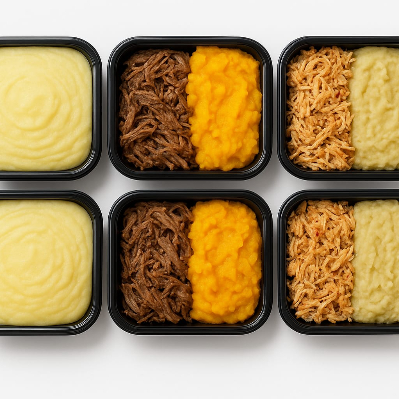 2 Abóbora com carne de panela, 2 Batata doce com frango maluco e 2 Escondinho de mandioca com carne moída ao molho de tomate. Todas sem glutén, sem lactose com caseína) e macros calculados.