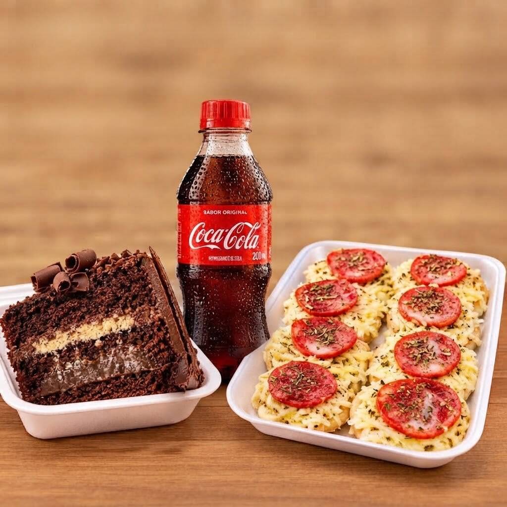 Fatia de Bolo sortida (VERIFICAR QUAL ESTÁ DISPONÍVEL NO CARDÁPIO), 8 mini pizzas sortidas e ainda leva 1 refri de 200ml