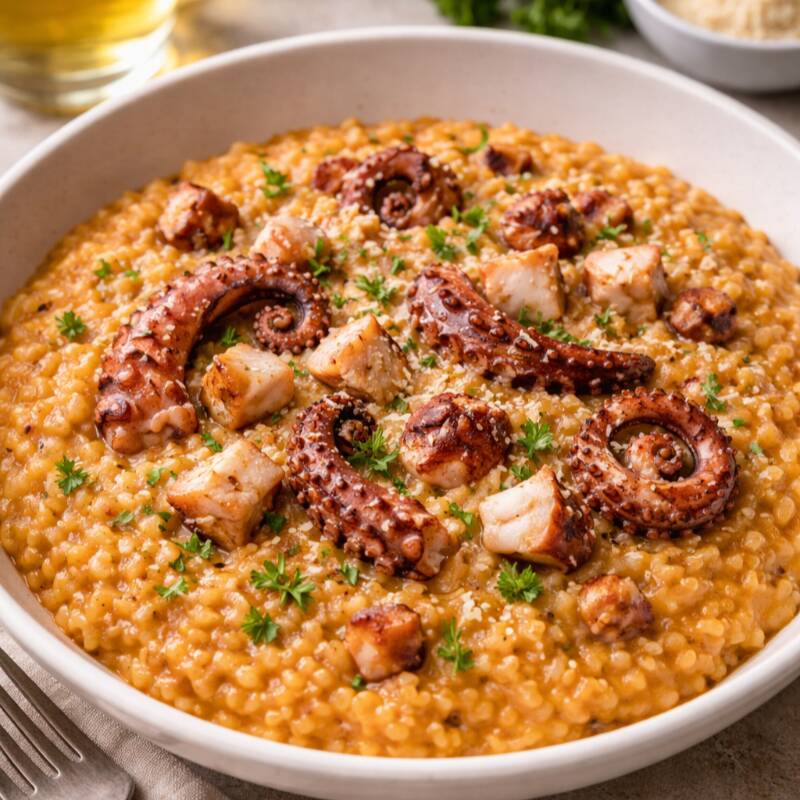 Tentáculos de polvo grelhados, servidos com arroz arbóreo, bacon, azeitonas pretas, tomates e finalizado com pangrattato com ervas.