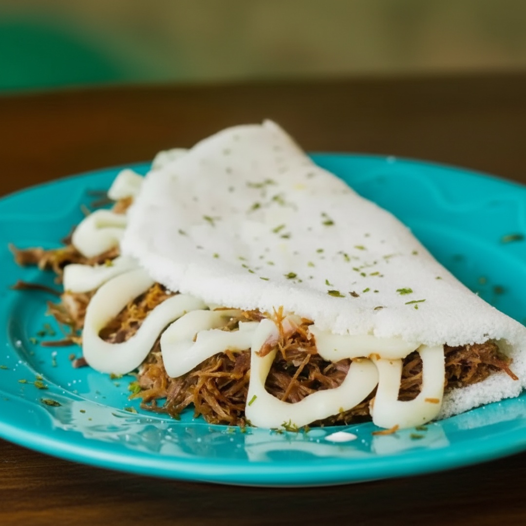 Tapioca recheada com carne de sol desfiada catupiry tomate cebola