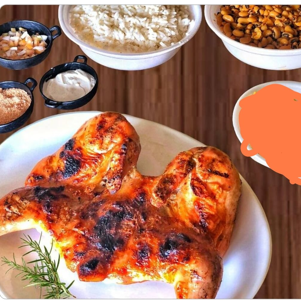 1 Galeto inteiro com osso! mais porção de feijão macassar e arroz, tambem 3 asinhas na brasa, Adicionais: Farofa+ vinagre+ molho de alho