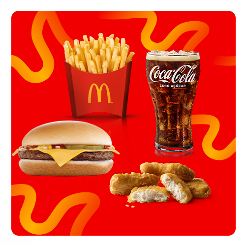 Escolha 4 (quatro) pequenos preços entre as opções: Cheeseburger, Chicken Jr, McFritas Média, Chicken McNuggets 4 unidades e Bebida.