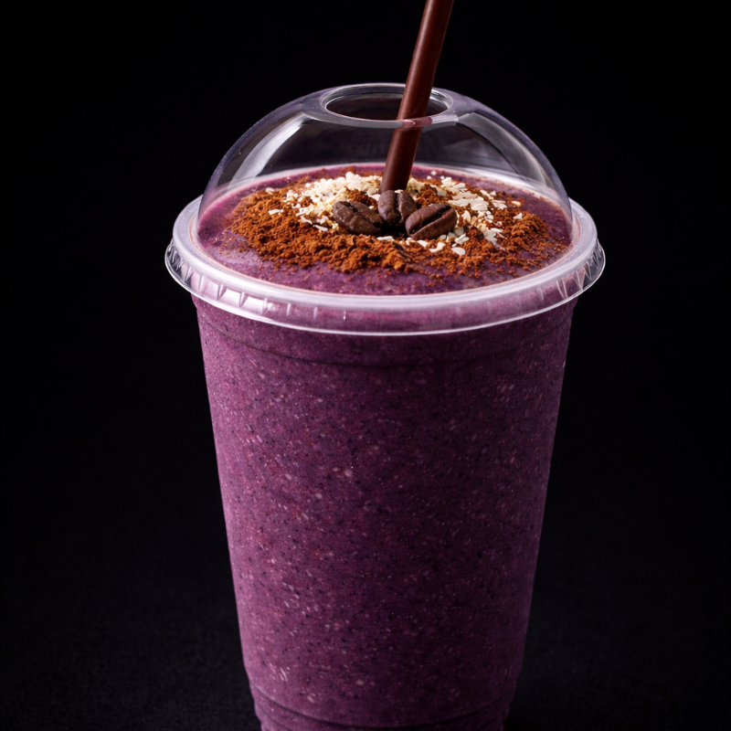 Açaí batido com café, whey protein, banana. Cremoso, energético e nutritivo na medida certa.