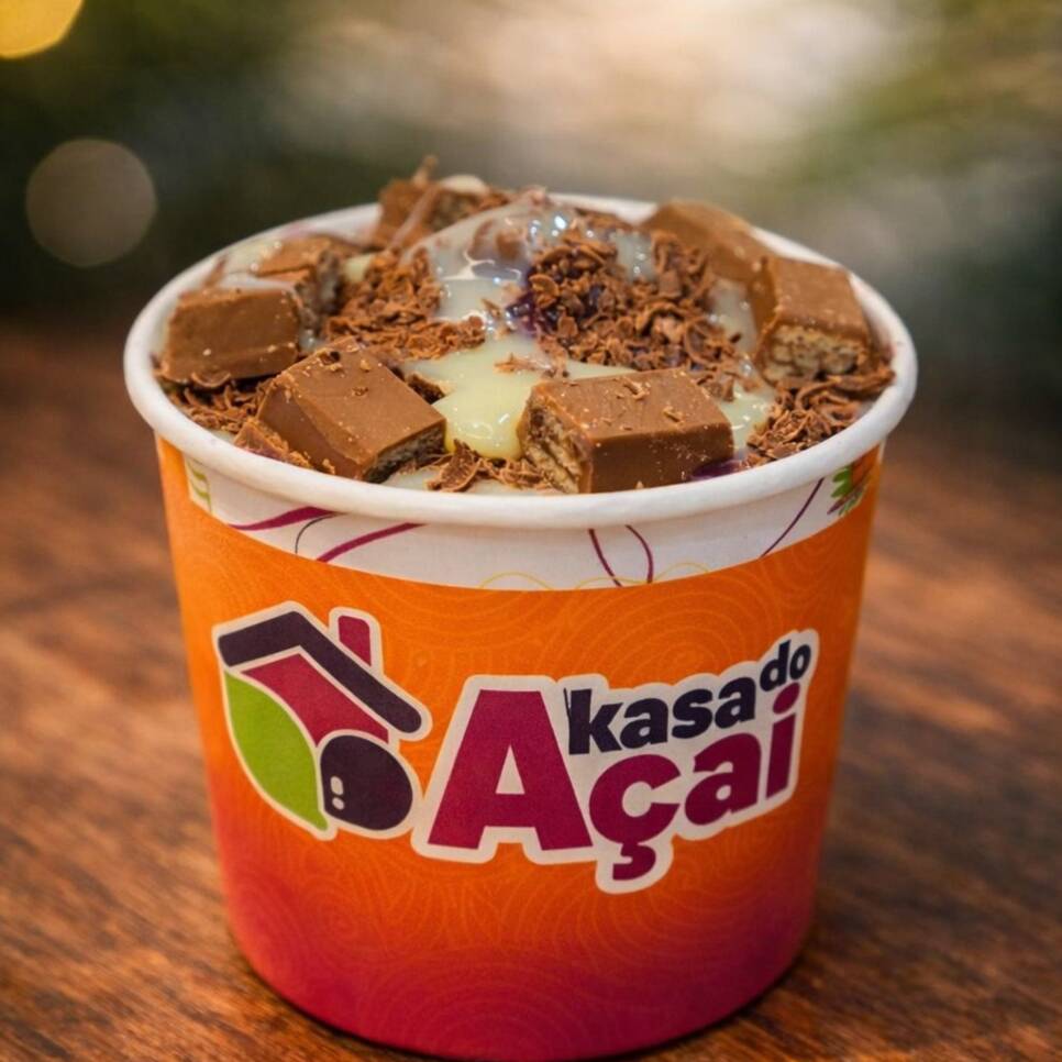 Açaí tradicional super cremoso, acompanhado de leite condensado, raspas de chocolate e pedaços de Kit Kat que trazem a crocância perfeita. Uma combinação deliciosa para quem ama chocolate e um açaí bem caprichado!