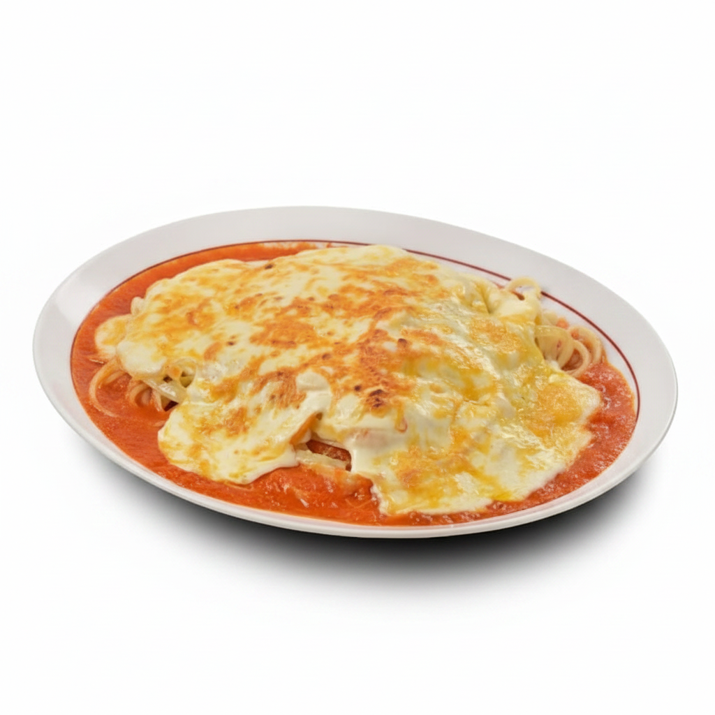Delicioso filet à parmegiana (aprox 110g) sobre molho artesanal de tomates italianos, coberto por fettuccini ao molho quatro queijos gratinado com parmesão.