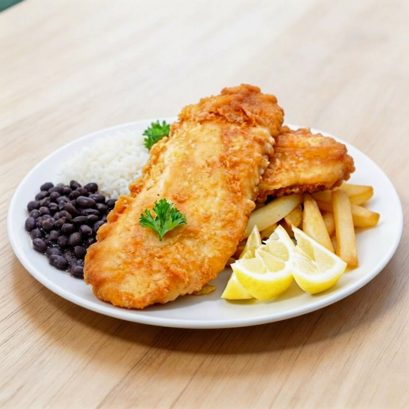 Pescada a milanesa. acompanha. Arroz, feijão, e fritas.