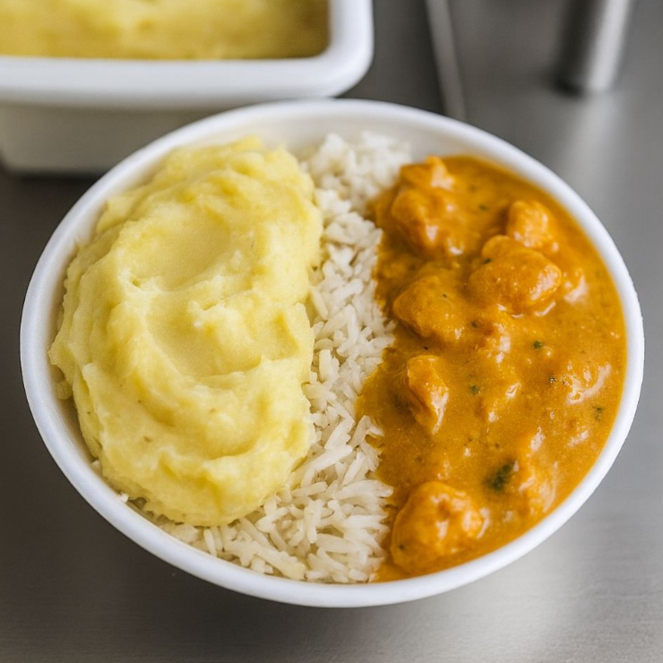 Strogonoff de frango acompanhado de arroz e Pure de batata caseiro. (aprox. 750ml)