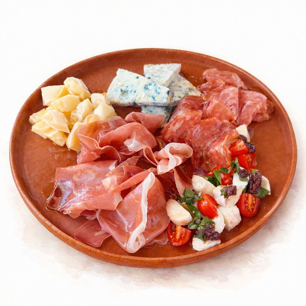 Presunto Parma, salame italiano, gorgonzola, caprese e parmesão.