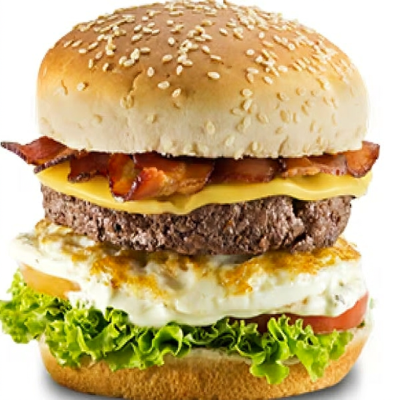 Pão com Gergelim, Hamburguer de boi (90gr), ovo, cheddar, bacon, alface, tomate, cebola roxa e molho Bbq. Imagem ilustrativa.
