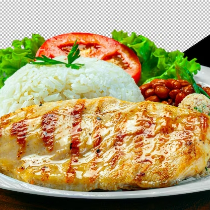 Arroz, feijão, batata frita e salada