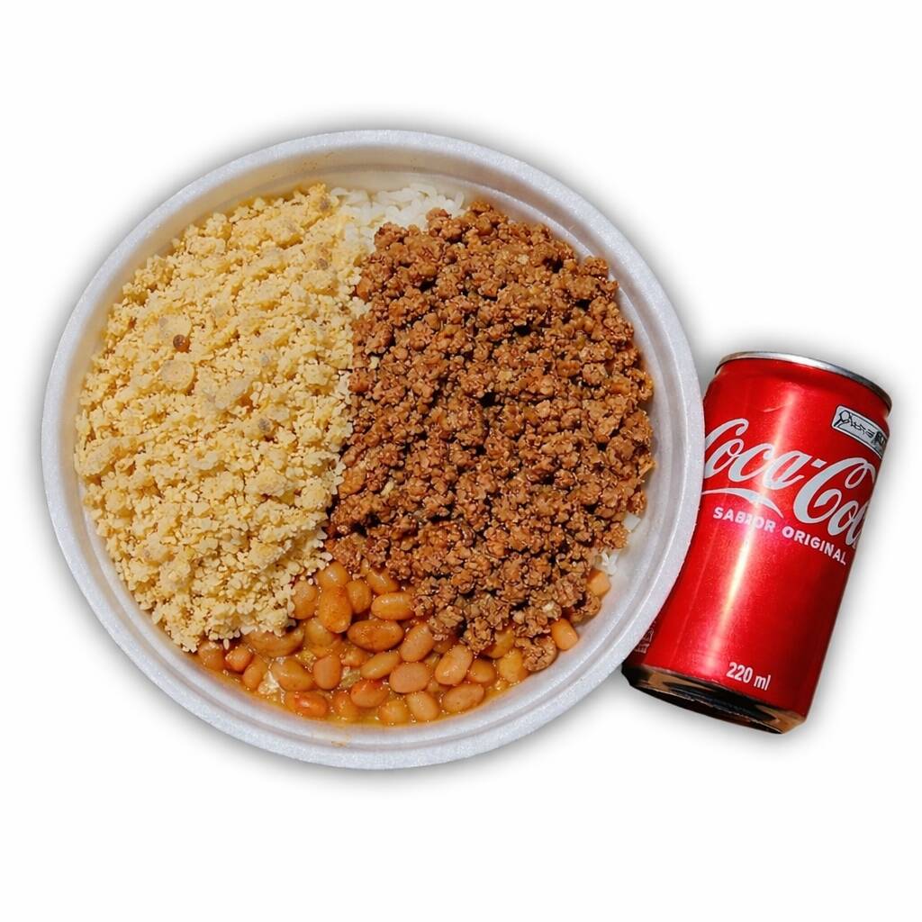 Carne moída suculenta, arroz soltinho, feijão bem temperado, farofa douradas e Coca-Cola 220ml pra completar!