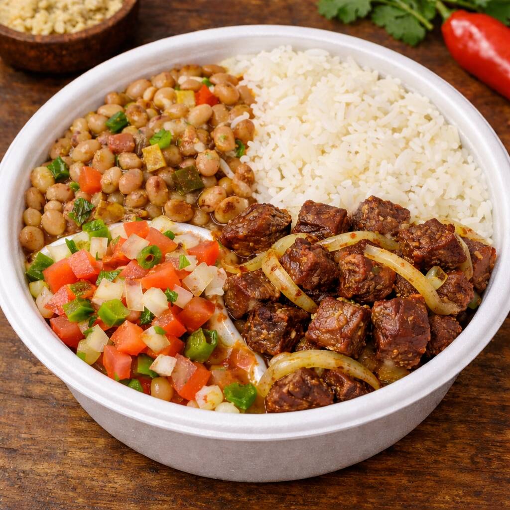 Delicioso arrumadinho de Carne de Sol, acompanhado de Feijão de corda, Arroz Branco, Vinagrete,e Farofinha. EXxXxpetacular esse prato!