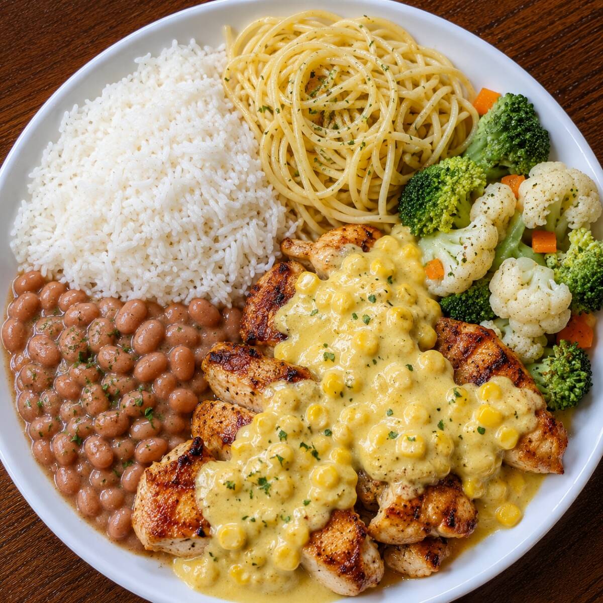 Uma marmita completa e caprichada para matar a fome! 🍽️ Frango grelhado suculento coberto com um delicioso creme de milho, acompanhado de arroz branco soltinho, feijão carioca bem temperado, espaguete alho e óleo e uma saborosa salada de couve-flor e brócolis. Uma combinação caseira, cremosa e cheia de sabor!
