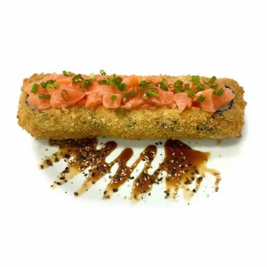 Arroz, salmão e cream cheese envolvidos no Nori (folha de algas marinhas) empanado e frito. Acompanha: 30ml de teriyaki e 1 sachê de shoyu