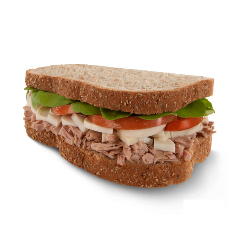 2 fatias de pão integral, atum, maionese, palmito, tomate e rúcula