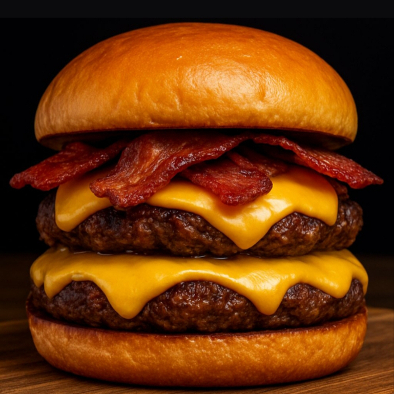 Pão brioche, 2 hambúrguer, cheddar cremoso, bacon, molho verde.