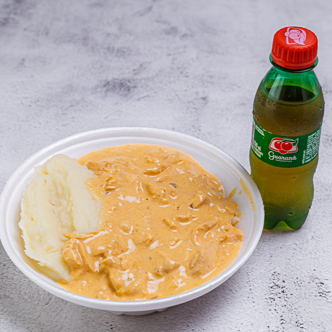 Marmita Individual 400 Gramas - Acompanha Arroz, Estrogonofe de frango, purê e Guaraná Pet 200 ML (Marmita Indicada para 01 Pessoa)