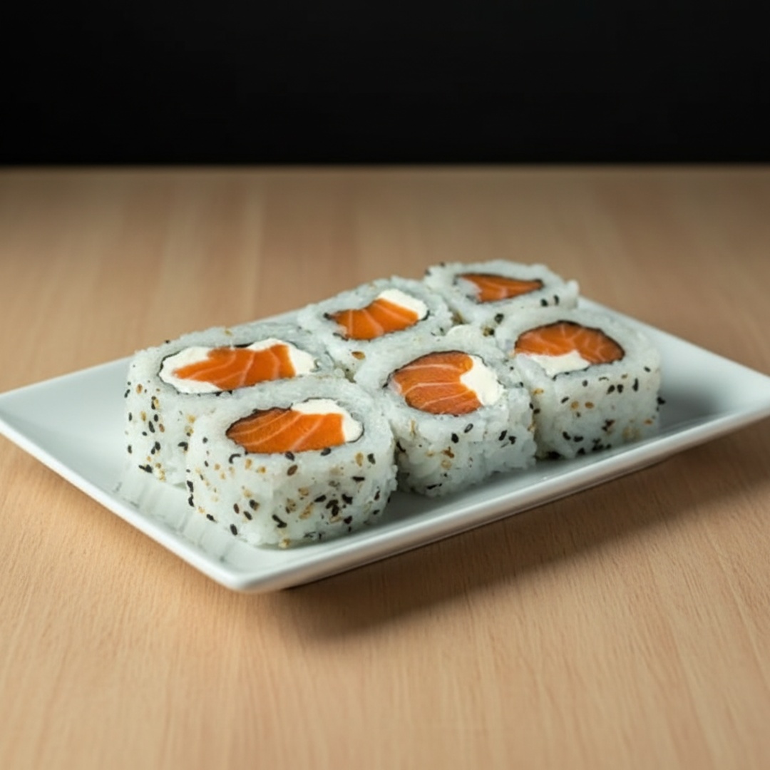 Arroz, alga, cream cheese e salmão.